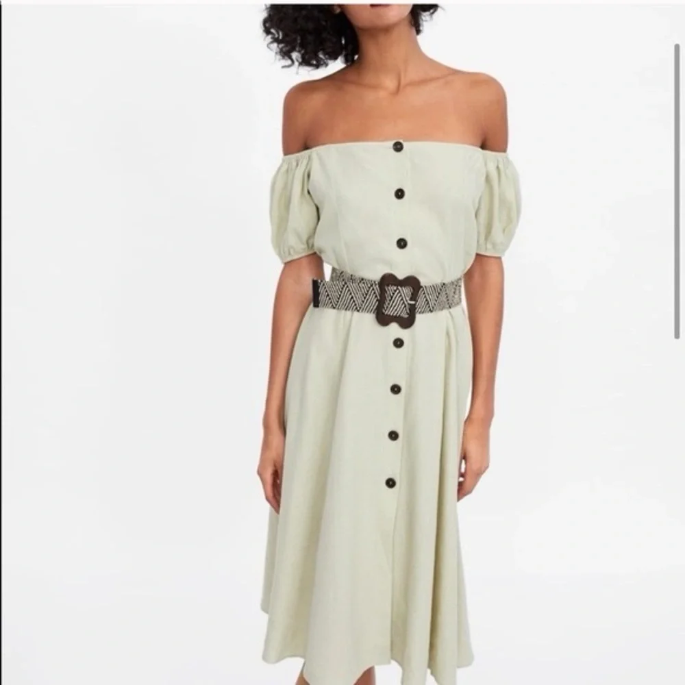 ZARA Linen Blend Midi Dress with Puff Sleeves Cottage core XS - Picture 2 of 9